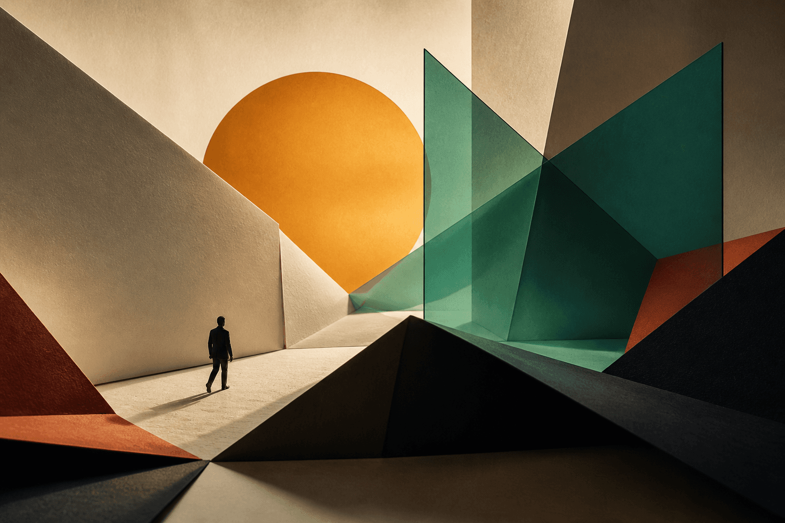 Illustrative campaign concept with a figure moving through warm architectural forms, an amber sun and translucent green planes.